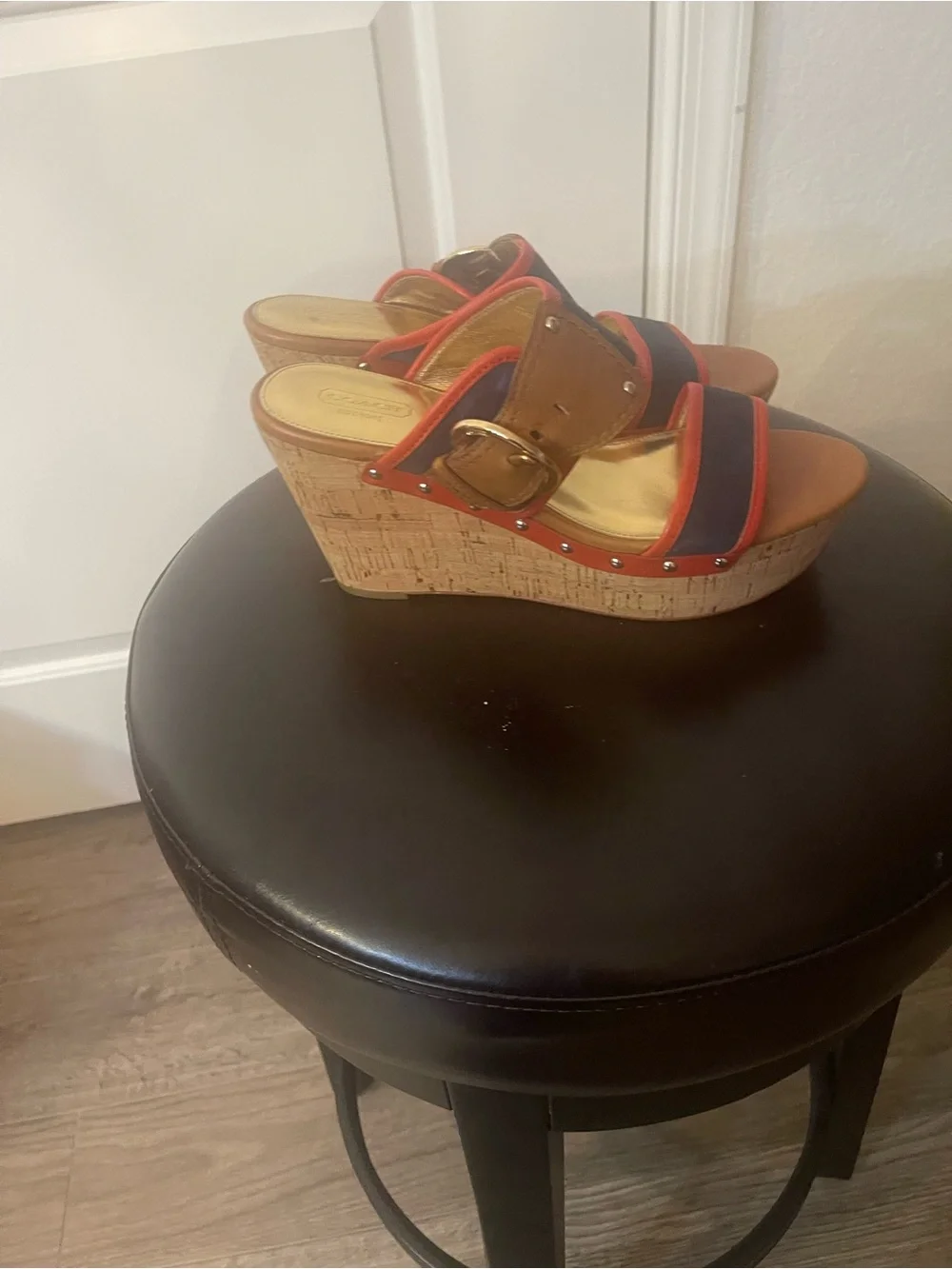 Coach Navy and Tan Wedge Sandals with Red Trim